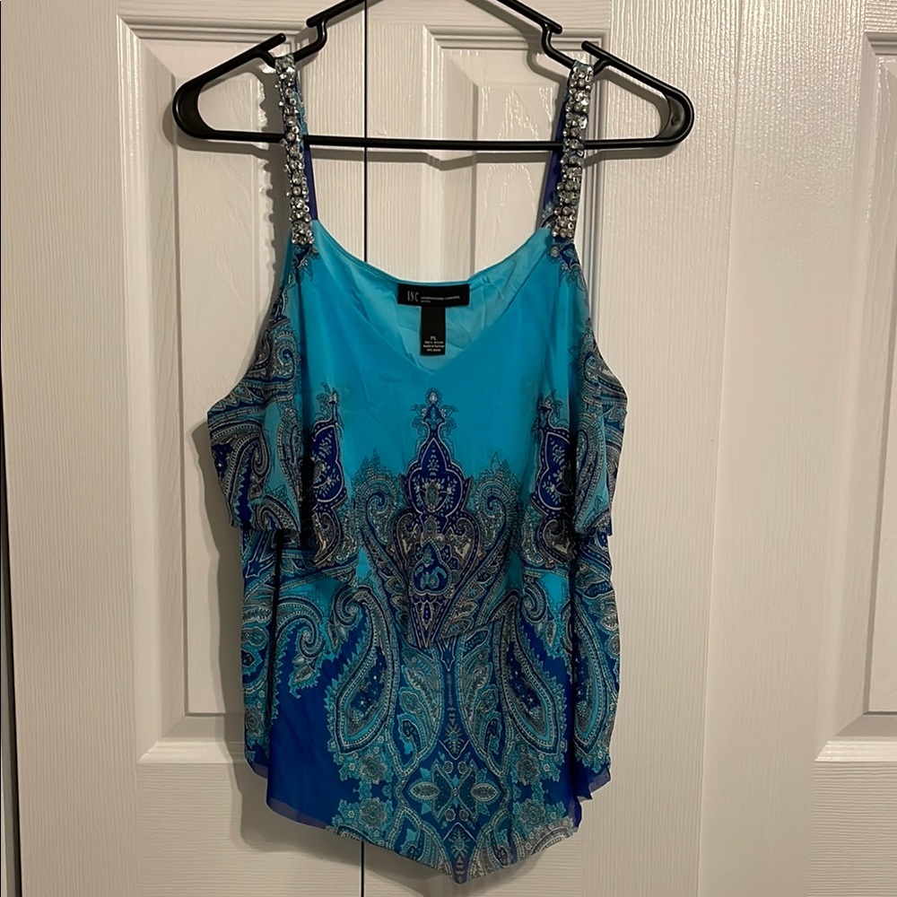 International concepts Blue Asymmetrical Embellished flowy tank Petite Large